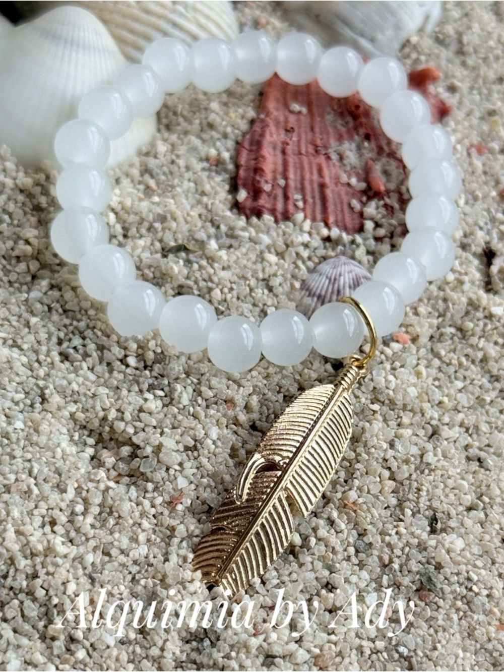 White JADE Bead Bracelet with Gold Feather Charm